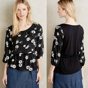 Deletta Anthropologie Black WISHED BLOOM Dandelion Floral Blouse Size M